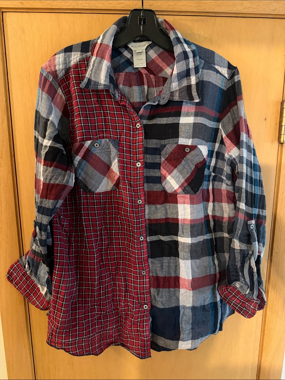 Multiples Women’s Mixed Print Plaid Button-Up Shirt Cotton Red Blue Size Large
